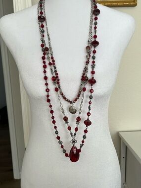 Ruby Rd. Acrylic crystal red faceted silver tone necklace jewelry stack of 2